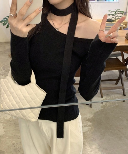 kirakiraShop（キラキラショップ）の「リボン付き ワンショルダー 長袖 ニット Tシャツ（Tシャツ/カットソー・レディース・グレー/クリーム/ブラック・FREE）」の17枚目の写真