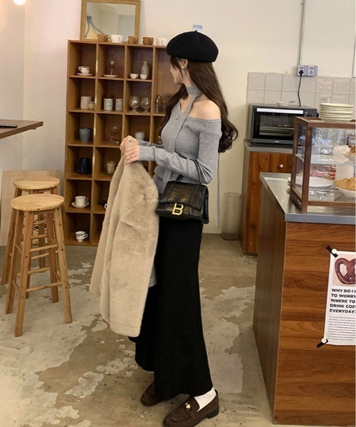 kirakiraShop（キラキラショップ）の「リボン付き ワンショルダー 長袖 ニット Tシャツ（Tシャツ/カットソー・レディース・グレー/クリーム/ブラック・FREE）」の19枚目の写真