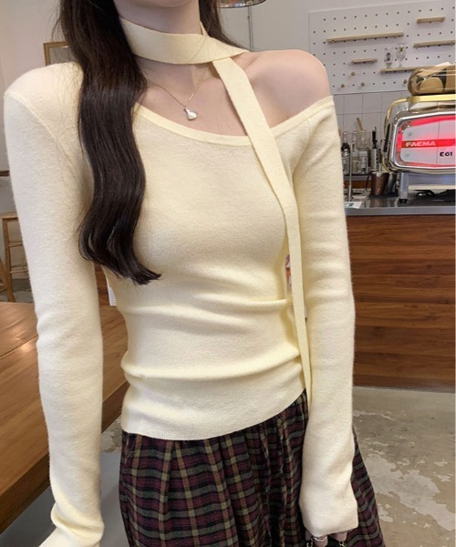 kirakiraShop（キラキラショップ）の「リボン付き ワンショルダー 長袖 ニット Tシャツ（Tシャツ/カットソー・レディース・グレー/クリーム/ブラック・FREE）」の11枚目の写真