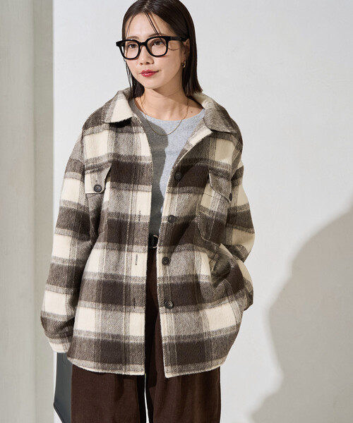 B15533 美品 KOOI 22AW チェックシャギー スタジャン 2 セール】【ZIP FIVE】 オーバーサイズ ウールライク サガラ刺繍