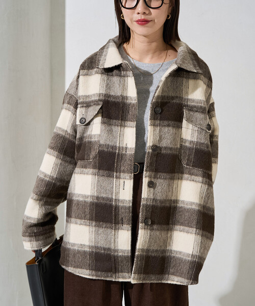 限定展開 チェック シャギー シャツ アウター（その他アウター