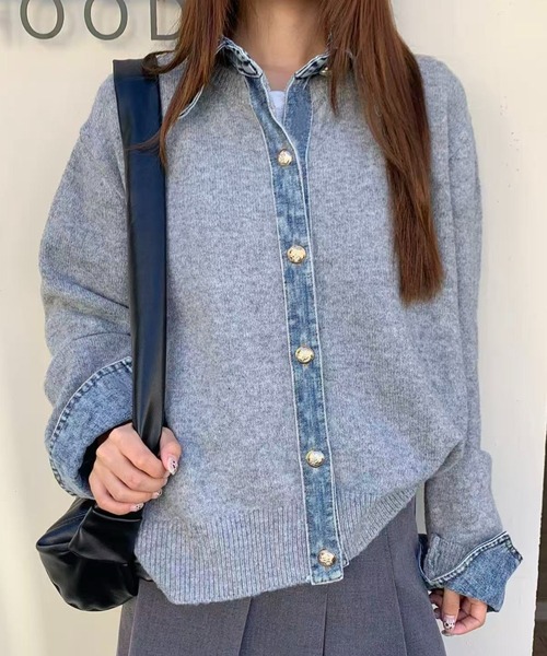 セール】デニムドッキングニットカーディガン／異素材切替デザイン