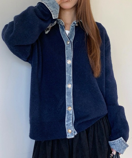 セール】デニムドッキングニットカーディガン／異素材切替