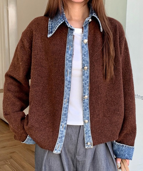 セール】デニムドッキングニットカーディガン／異素材切替デザイン