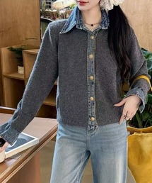 DIAVEL(ディアベル)のデニムドッキングニットカーディガン/異素材切替デザイン(ポロシャツ)