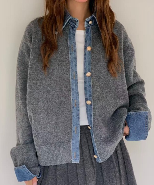 DIAVEL(ディアベル)の「【秋冬新作】新色追加/デニムドッキングニットカーディガン/異素材切替デザイン(ポロシャツ・レディース・グレー/ライトグレー/レッド/ネイビー/モカ/ブラウン/グレー系その他/ブラック/ホワイト×グレー/ブラウン系その他/ライトベージュ/ブラック×ホワイト/ピンク系その他/ホワイト×ブラック・M)」の7枚目の写真