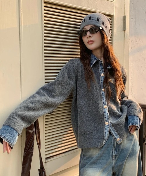 デニムドッキングニットカーディガン／異素材切替デザイン