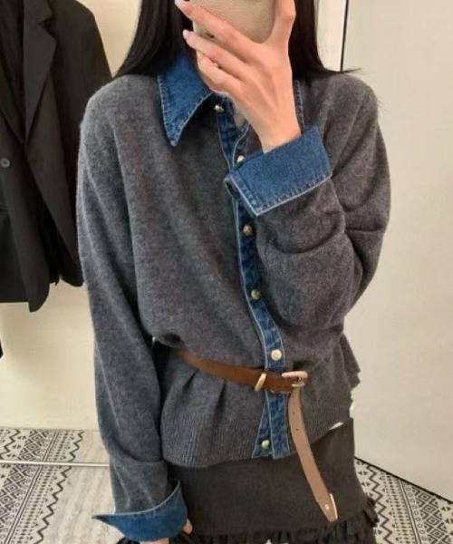 デニムドッキングニットカーディガン／異素材切替デザイン