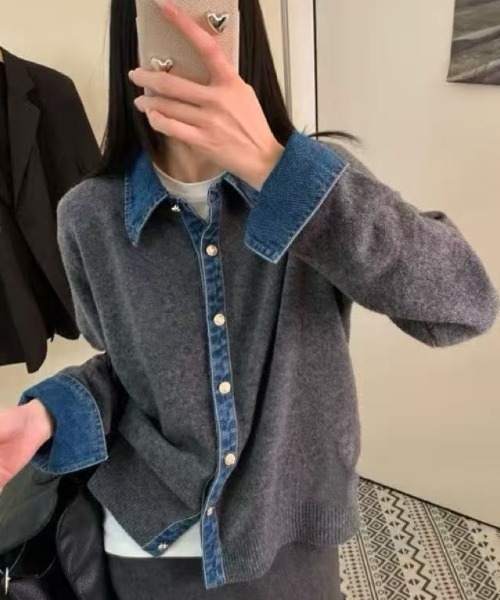 セール】デニムドッキングニットカーディガン／異素材切替