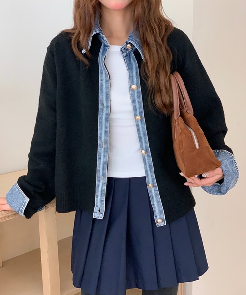 セール】デニムドッキングニットカーディガン／異素材切替デザイン