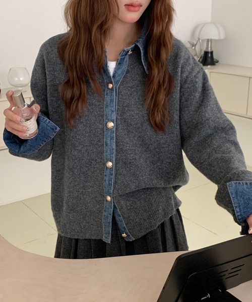 セール】デニムドッキングニットカーディガン／異素材切替デザイン