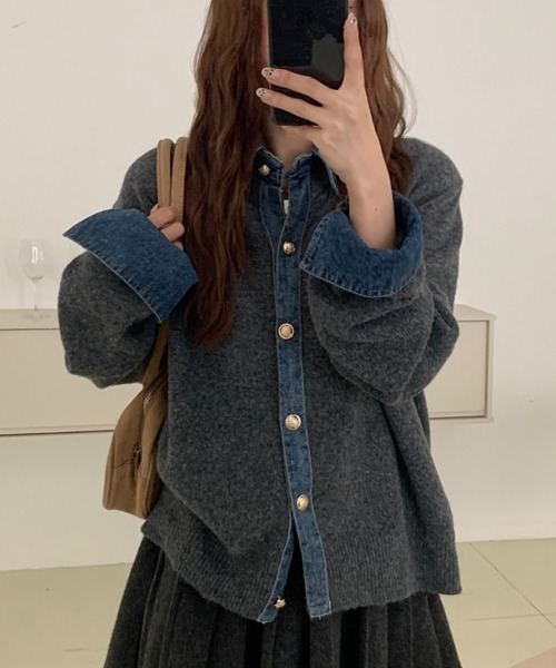 セール】デニムドッキングニットカーディガン／異素材切替デザイン