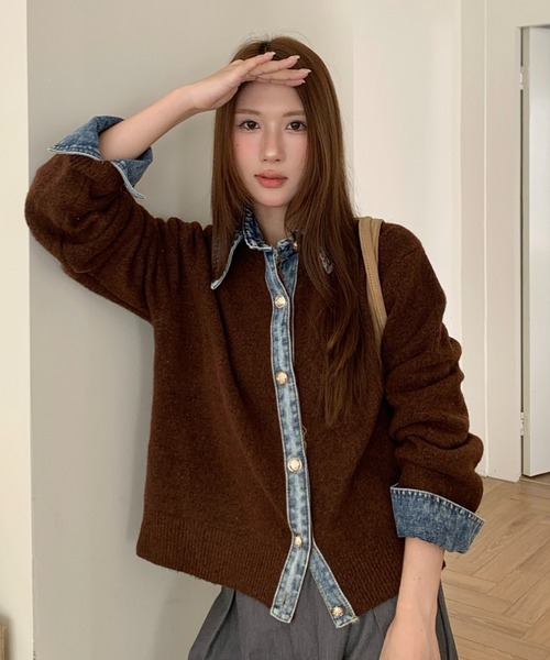 セール】デニムドッキングニットカーディガン／異素材切替デザイン