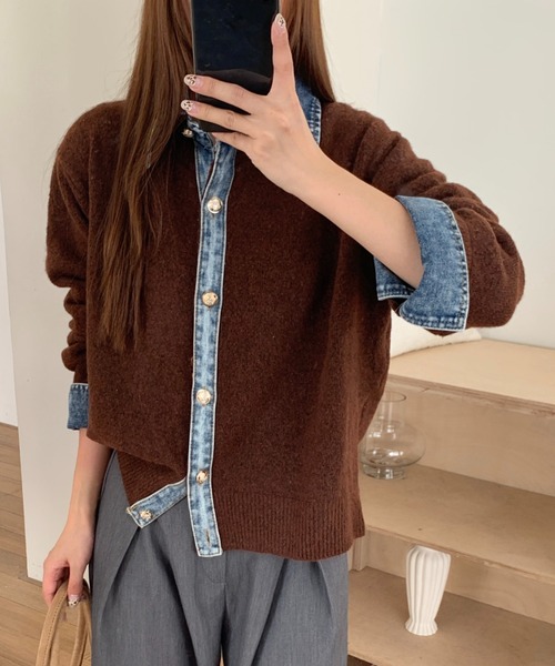 セール】デニムドッキングニットカーディガン／異素材切替デザイン