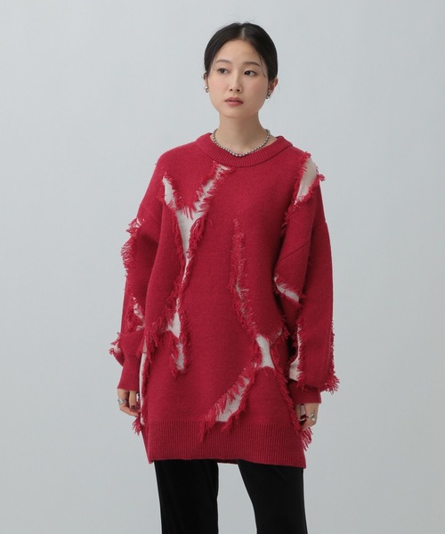 LEPSIM（レプシィム）の「フリンジニットチュニック　596398（ニット/セーター・レディース・レッド/ベージュ/ブラウン/グレー・FREE）」の4枚目の写真