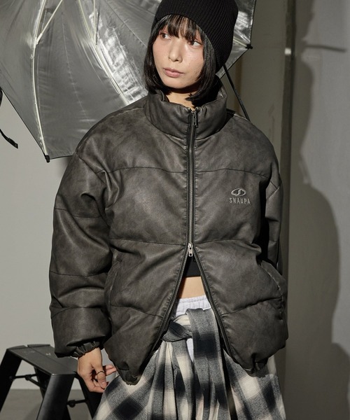 Snap club(スナップクラブ)の「【Snap club】ヴィンテージ加工ビッグスタンドダブルジップ中綿ジャケット(ダウンジャケット/コート・レディース・ブラウン/ブラック・M/L)」の5枚目の写真