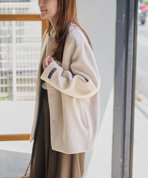 レリュームrelume スーパーファインビーバークルーネックコート　ベージュ 追加2》スーパーファインビーバークルーネックコート（その他アウター