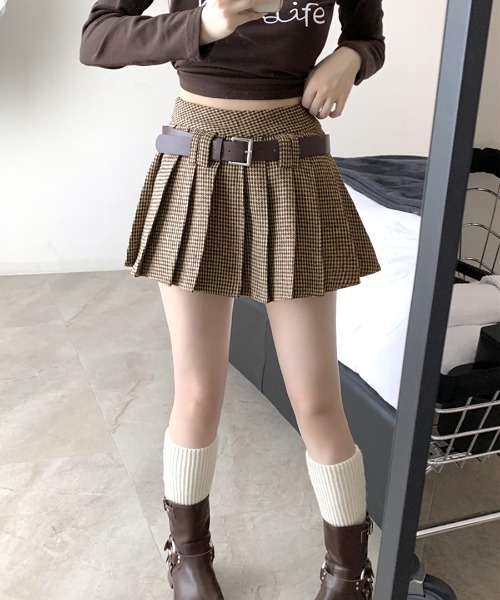 REMUR(レミュール)の「2点セット ベルト付き千鳥格子柄プリーツミニスカート(スカート・レディース・ベージュ/ブラック・S/M/L)」の16枚目の写真