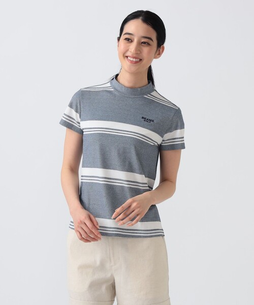 BEAMS GOLF(ビームスゴルフ)の「PURPLE LABEL / バックタック ボーダー モックネック トップス(接触冷感・吸水速乾・UVカット)(スウェット・レディース・ミント/サックスブルー/ネイビー・LARGE/SMALL/MEDIUM)」の2枚目の写真