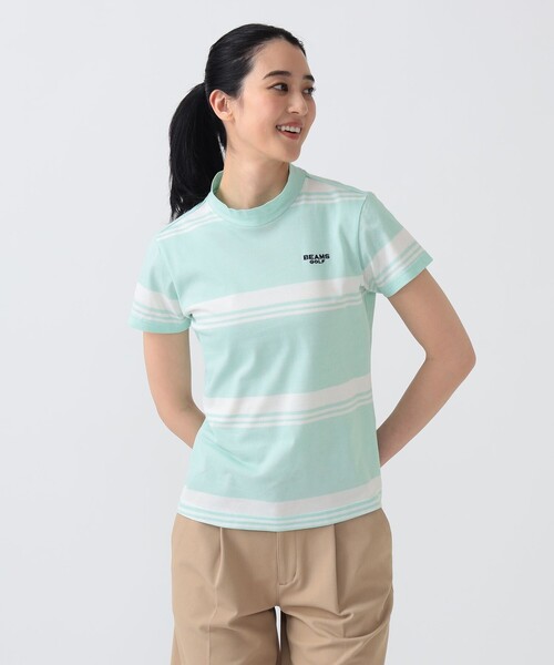 BEAMS GOLF(ビームスゴルフ)の「PURPLE LABEL / バックタック ボーダー モックネック トップス(接触冷感・吸水速乾・UVカット)(スウェット・レディース・ミント/サックスブルー/ネイビー・LARGE/SMALL/MEDIUM)」の1枚目の写真