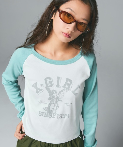 X-girl(エックスガール)の「ANGEL AND LOGO RAGLAN L/S BABY TEE(Tシャツ/カットソー・レディース・ホワイト/チャコール/パープル・S/M)」の2枚目の写真