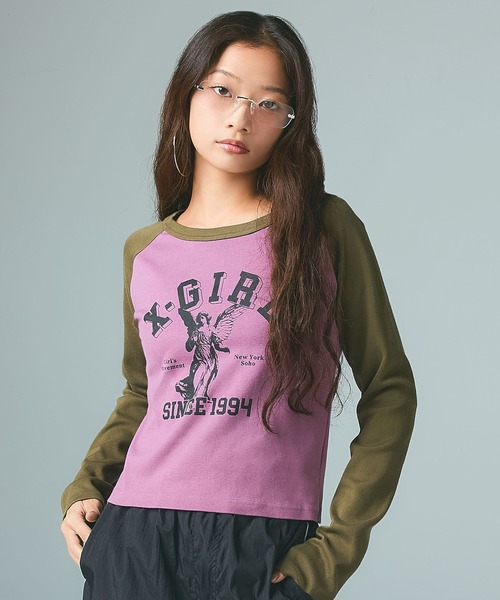 X-girl(エックスガール)の「ANGEL AND LOGO RAGLAN L/S BABY TEE(Tシャツ/カットソー・レディース・ホワイト/チャコール/パープル・S/M)」の4枚目の写真