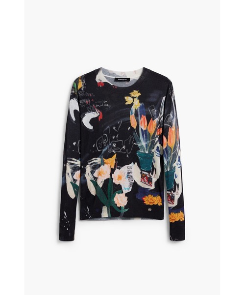 Desigual(デシグアル)の「薄手の植物柄セーター(ニット/セーター・レディース・ホワイト/ブラック・XS/S/M/L/XL)」の1枚目の写真