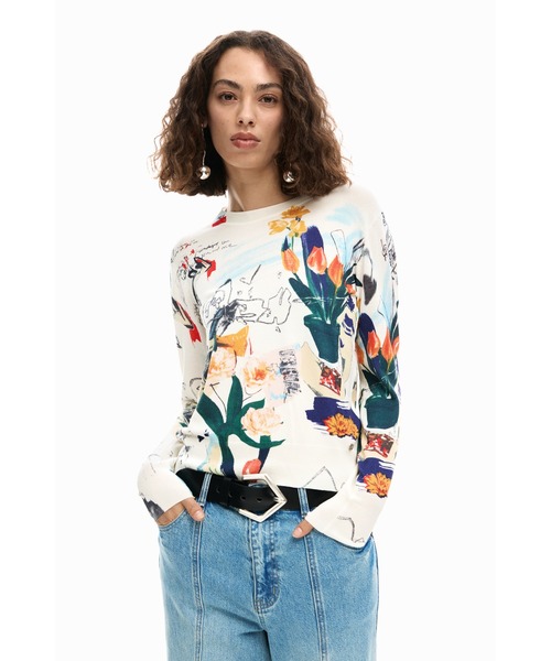 Desigual(デシグアル)の「薄手の植物柄セーター(ニット/セーター・レディース・ホワイト/ブラック・XS/S/M/L/XL)」の3枚目の写真