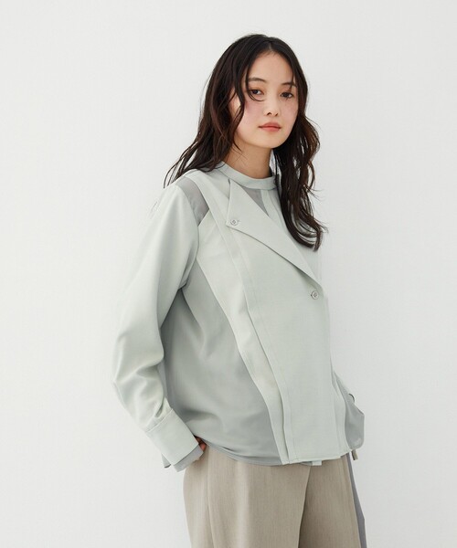 UNITED TOKYO（ユナイテッドトウキョウ）の「【新作】シアーレイヤーブラウス｜ウォッシャブル/オフィスカジュアル/オケージョン/防シワ/UVカット/給水速乾/限定カラー/春服（シャツ/ブラウス・レディース・ピンク/グリーン/ライトベージュ/グレー・FREE）」の10枚目の写真