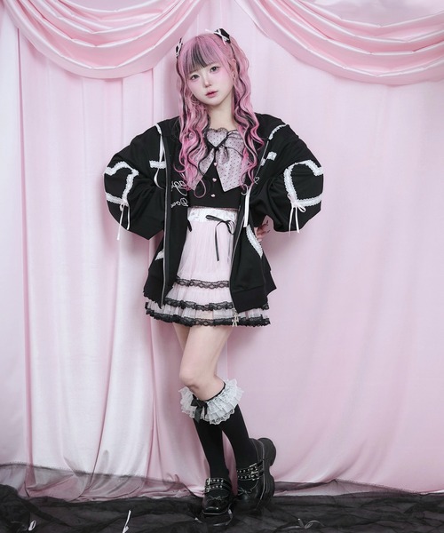 Magia Charm(マギアチャーム)の「レース ハート リボン ダブルジップパーカー / オーバーサイズ 裏毛 長袖(パーカー・レディース・ブラック/ピンク・F)」の15枚目の写真