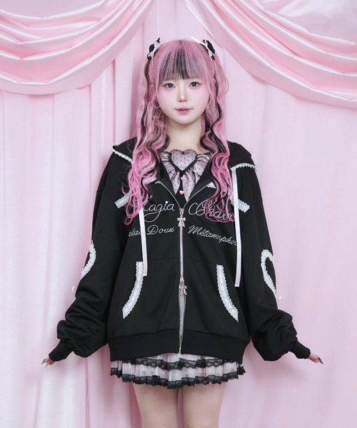 セール】レース ハート リボン ダブルジップパーカー / オーバーサイズ セール】レース ハート リボン ダブルジップパーカー / オーバーサイズ
