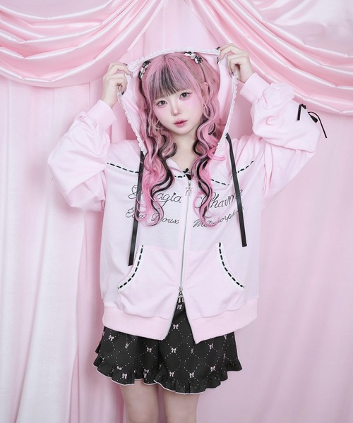 Magia Charm(マギアチャーム)の「レース ハート リボン ダブルジップパーカー / オーバーサイズ 裏毛 長袖(パーカー・レディース・ブラック/ピンク・F)」の5枚目の写真