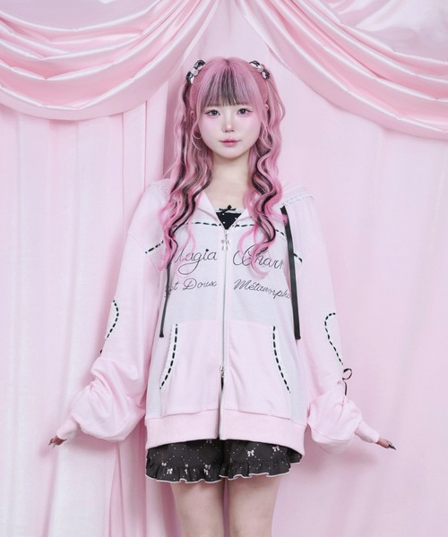 Magia Charm(マギアチャーム)の「レース ハート リボン ダブルジップパーカー / オーバーサイズ 裏毛 長袖(パーカー・レディース・ブラック/ピンク・F)」の6枚目の写真