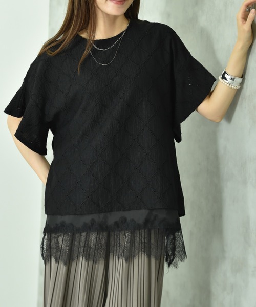 INTERPLANET（インタープラネット）の「アイレットレースプルオーバー（Tシャツ/カットソー・レディース・サックスブルー/ブラック/オフホワイト・FREE）」の2枚目の写真