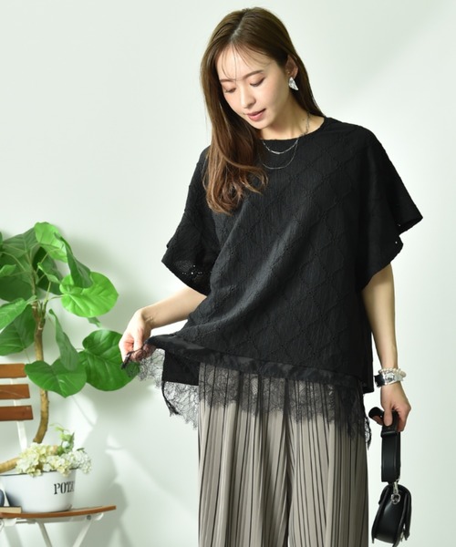 INTERPLANET（インタープラネット）の「アイレットレースプルオーバー（Tシャツ/カットソー・レディース・サックスブルー/ブラック/オフホワイト・FREE）」の9枚目の写真