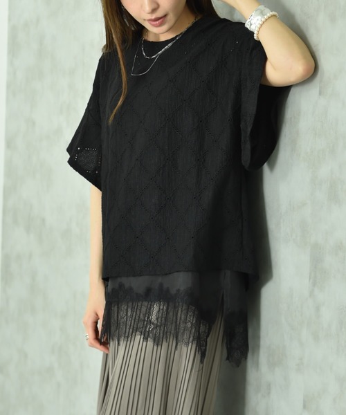 INTERPLANET（インタープラネット）の「アイレットレースプルオーバー（Tシャツ/カットソー・レディース・サックスブルー/ブラック/オフホワイト・FREE）」の5枚目の写真