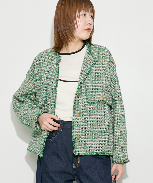journal standard L'essage（ジャーナルスタンダードレサージュ）の「【SP】GIOLICA TWEED ドルマンジャケット 2（ノーカラージャケット・レディース・グリーン系その他・FREE）」の5枚目の写真