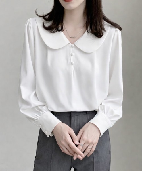 mielu(ミエル)の「丸襟フレンチシフォンブラウス(シャツ/ブラウス・レディース・ブルー/ホワイト・LARGE/MEDIUM)」の2枚目の写真