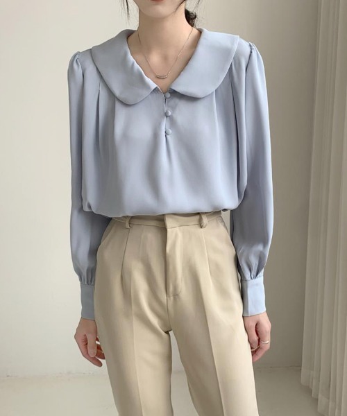 mielu(ミエル)の「丸襟フレンチシフォンブラウス(シャツ/ブラウス・レディース・ブルー/ホワイト・LARGE/MEDIUM)」の9枚目の写真