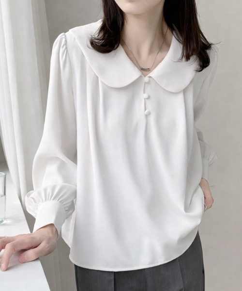 mielu(ミエル)の「丸襟フレンチシフォンブラウス(シャツ/ブラウス・レディース・ブルー/ホワイト・LARGE/MEDIUM)」の7枚目の写真