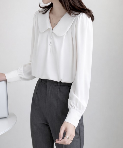 mielu(ミエル)の「丸襟フレンチシフォンブラウス(シャツ/ブラウス・レディース・ブルー/ホワイト・LARGE/MEDIUM)」の5枚目の写真