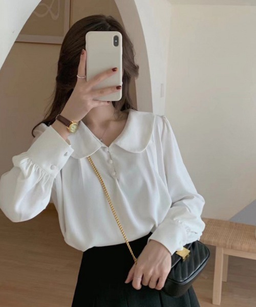 mielu(ミエル)の「丸襟フレンチシフォンブラウス(シャツ/ブラウス・レディース・ブルー/ホワイト・LARGE/MEDIUM)」の4枚目の写真