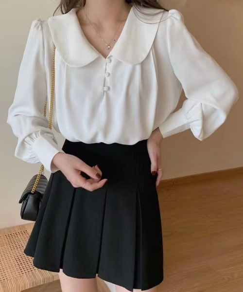 mielu(ミエル)の「丸襟フレンチシフォンブラウス(シャツ/ブラウス・レディース・ブルー/ホワイト・LARGE/MEDIUM)」の3枚目の写真
