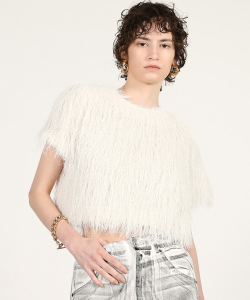 PRANK PROJECT(プランクプロジェクト)の「【2026Summer Pre-Order】フェザーショートトップ / Feather Short Top(Tシャツ/カットソー・レディース・ホワイト/ブラック・FREE)」の1枚目の写真