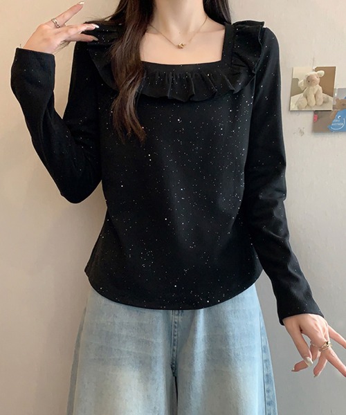 2ly2(トゥーリートゥー)の「ラメドットフリルトップス / スクエアネック フリルカットソー(Tシャツ/カットソー・レディース・ブラック/ボルドー・FREE)」の12枚目の写真