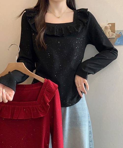 2ly2(トゥーリートゥー)の「ラメドットフリルトップス / スクエアネック フリルカットソー(Tシャツ/カットソー・レディース・ブラック/ボルドー・FREE)」の5枚目の写真