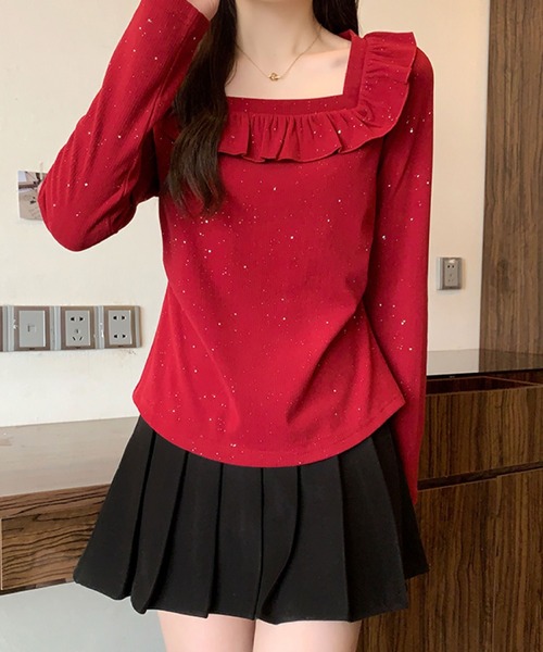 2ly2(トゥーリートゥー)の「ラメドットフリルトップス / スクエアネック フリルカットソー(Tシャツ/カットソー・レディース・ブラック/ボルドー・FREE)」の3枚目の写真