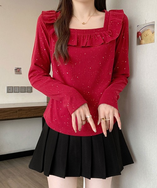 2ly2(トゥーリートゥー)の「ラメドットフリルトップス / スクエアネック フリルカットソー(Tシャツ/カットソー・レディース・ブラック/ボルドー・FREE)」の19枚目の写真