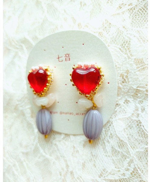 tone(トーン)の「【七音】プリンセスハート:ハートとローズクオーツのヴィンテージ風ピアス(MA)(ピアス(両耳用)・レディース・レッド・FREE)」の2枚目の写真