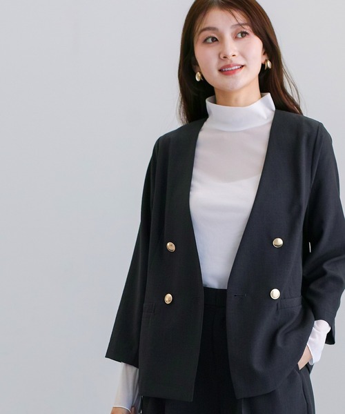 Emilyan（エミリアン）の「【 軽やかに整う 】 サップタンブラー・ダブルジャケット（ノーカラージャケット・レディース・グレイッシュベージュ/ブラック/ブラウン・L/M）」の18枚目の写真